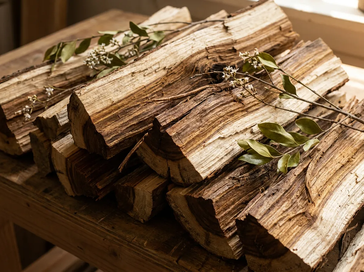 Aged resinous amyris heartwood billets and chips with darker resin-dense grain