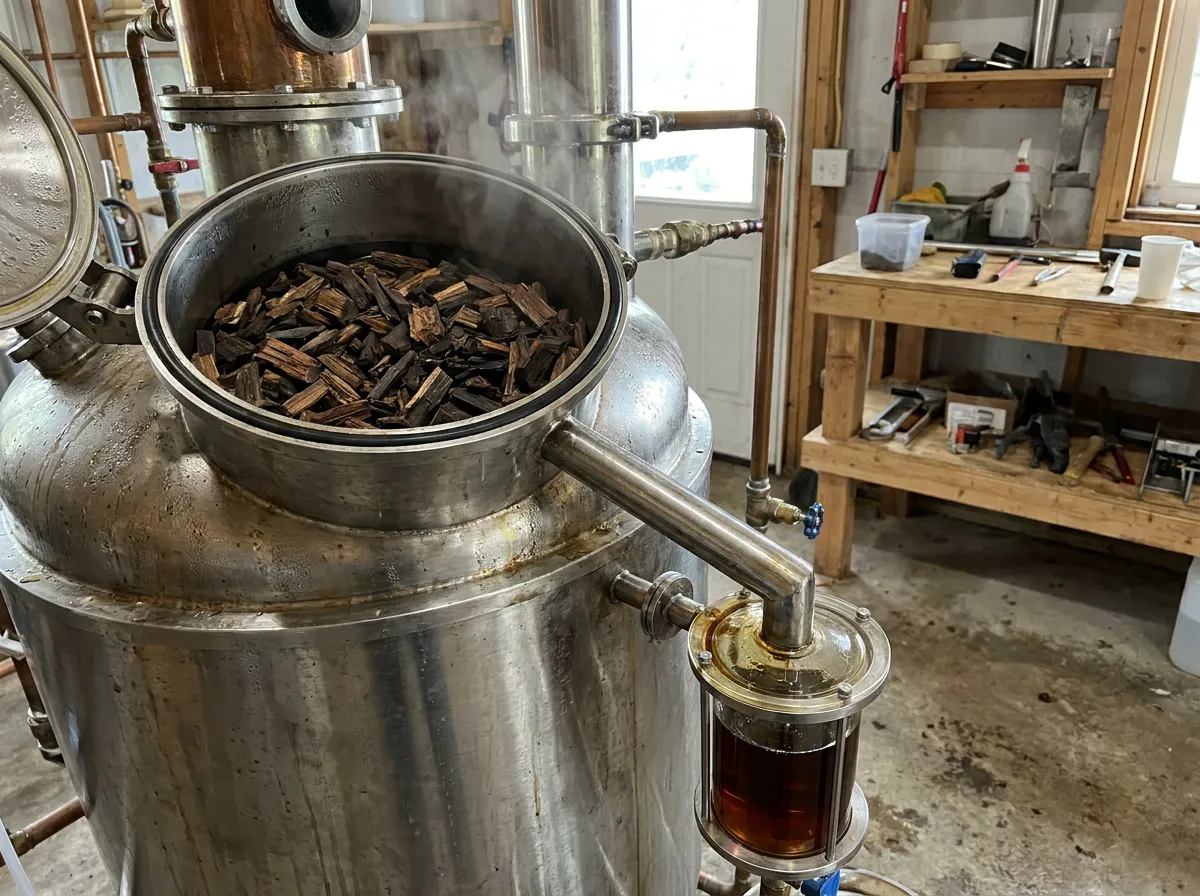 Chipped amyris heartwood packed into a still with dark oil collecting